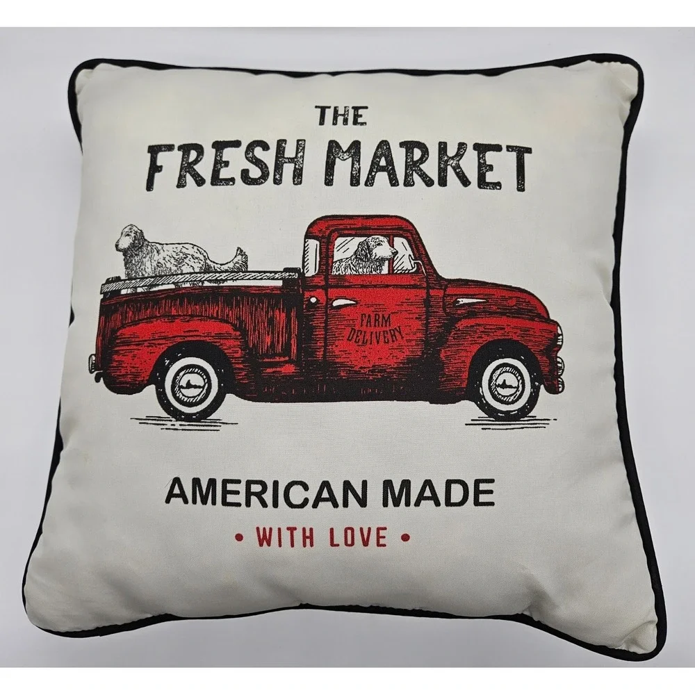 The Fresh Market Vintage‎ Red Truck Dog Farmhouse Throw Pillow 12x12 Reversible